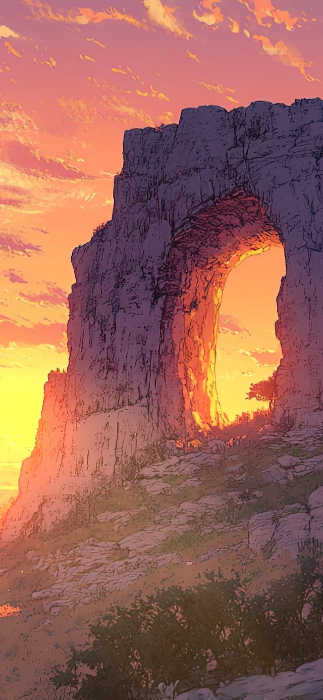 落日晚霞下的宏伟石柱