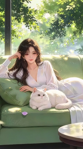 安逸午后美女和猫咪