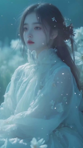 夜晚花海中的美女
