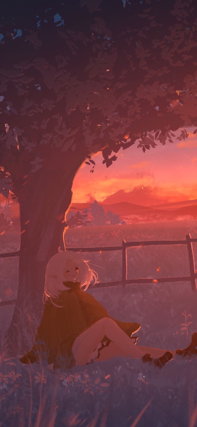 夕阳树叶秋叶少女