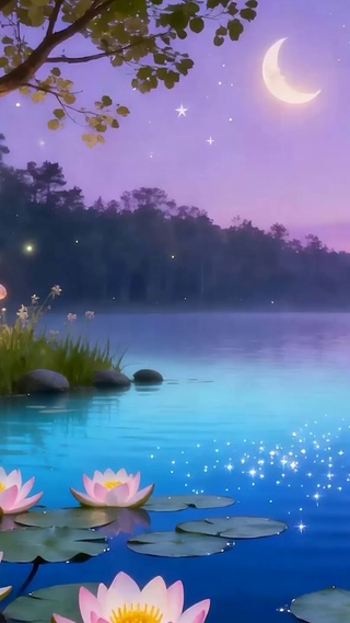 夜景树木河流