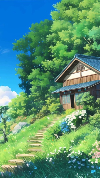 护眼白云树木河流