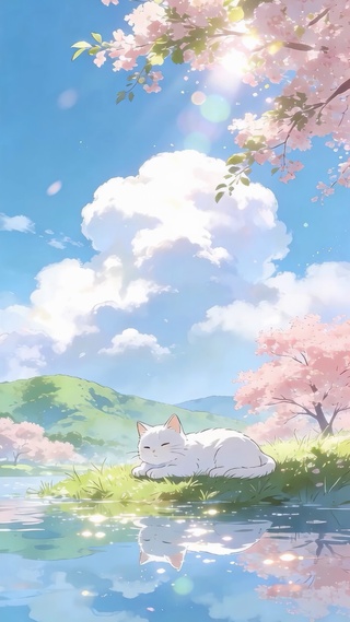 治愈湖畔花与猫