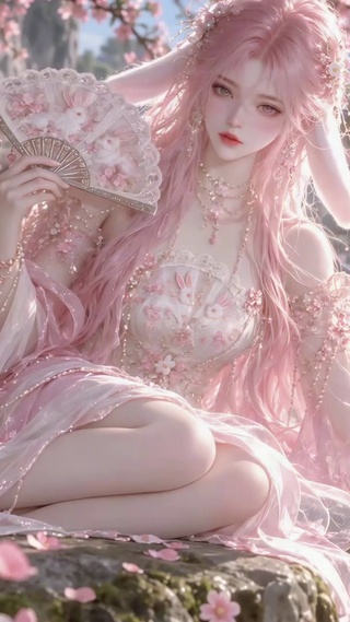 樱花溪畔粉发古风兔耳美人