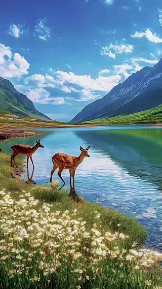 春曦山涧饮水的麋鹿