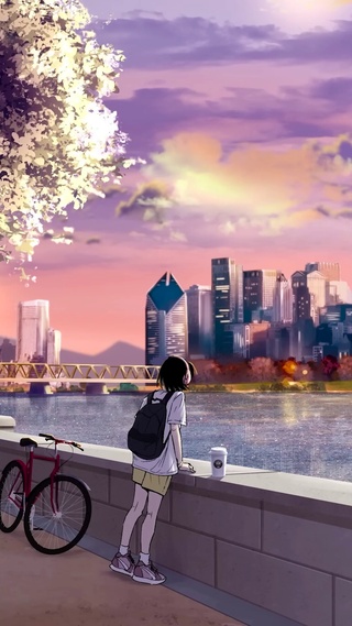 唯美治愈插画城市河畔女孩