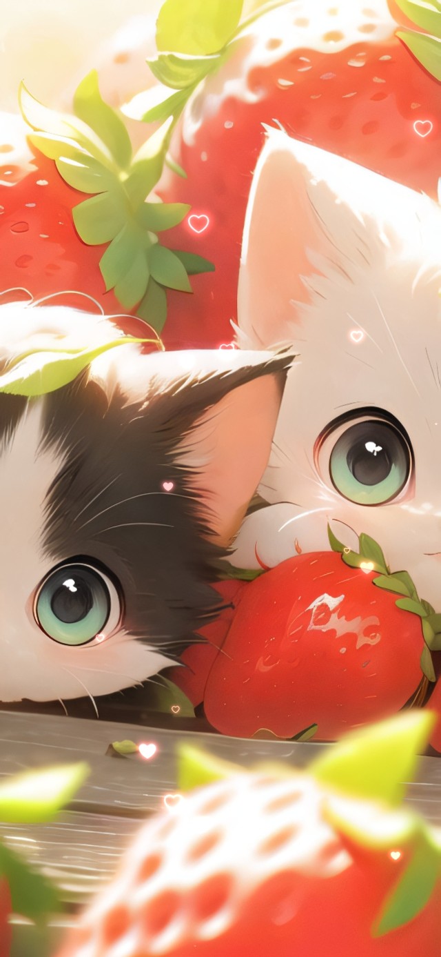 躲在草莓中的可爱小猫