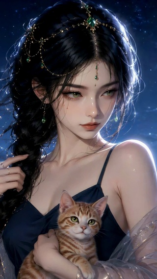 月夜露台抱猫清冷女神