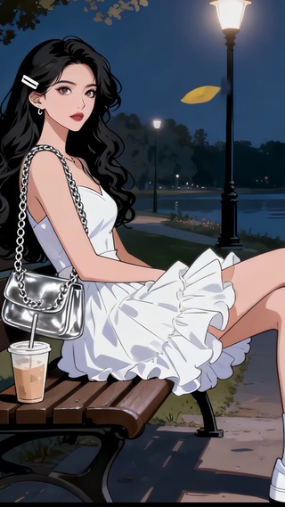 夜灯河畔的优雅美女