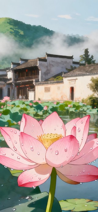 雨中荷花徽派建筑