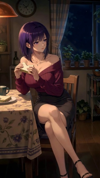 紫发少女夜景厨房