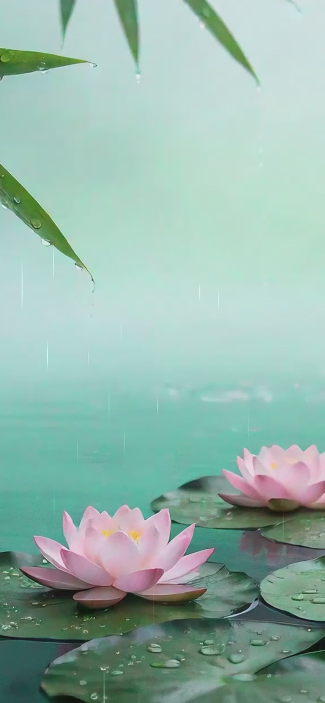 下雨竹叶荷花
