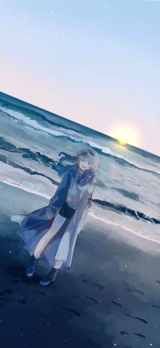 海滩落日与美少女
