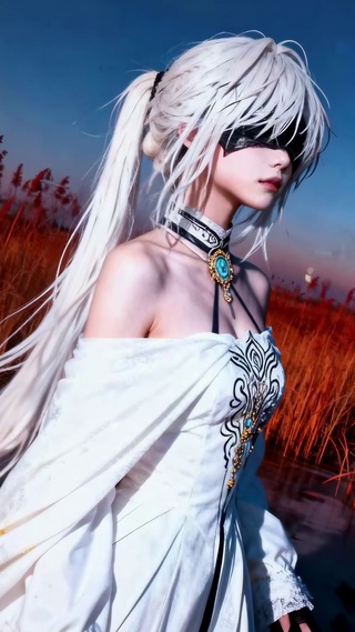 芦苇荡的盲眼白裙少女古风黄昏