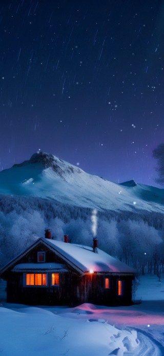 星空下雪景小屋