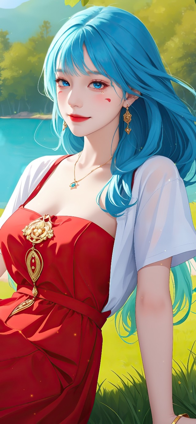 4K户外阳光蓝发红裙美少女