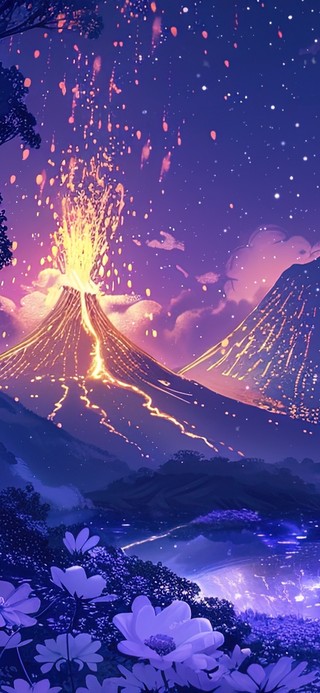 火山爆发时的紫色湖泊