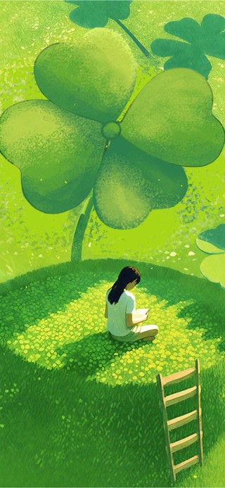 四叶草下看书的少女