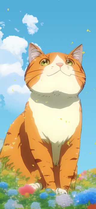 花丛中仰望天空的猫咪