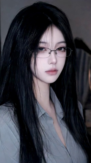 清冷黑长直眼镜美女