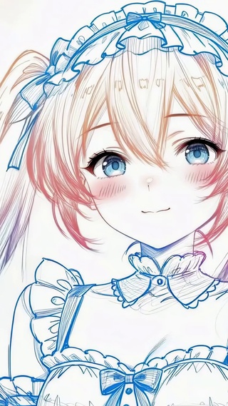 粉蓝手绘的双马尾女仆