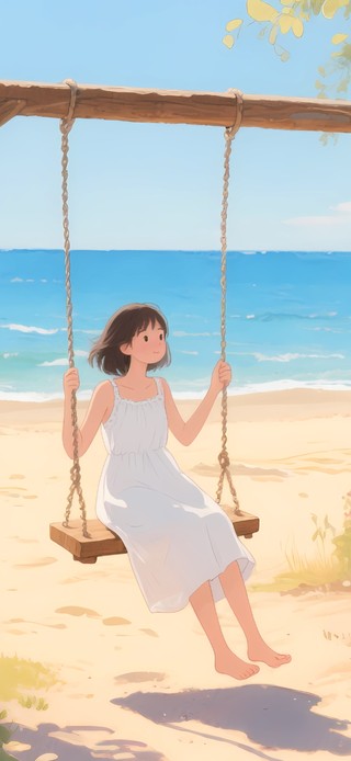 海边女孩荡秋千