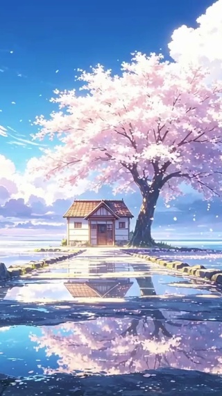 唯美海天一色樱花小屋