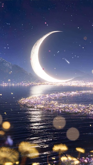 夜景树木河流夜色