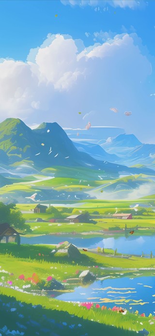 蓝天白云花草树木房屋