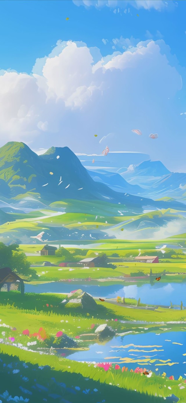 蓝天白云花草树木房屋