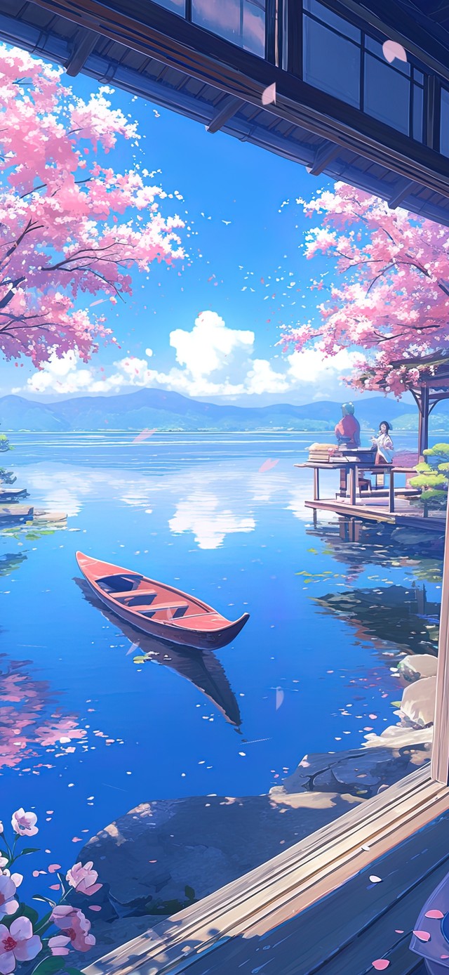 窗外的樱花树与溪流