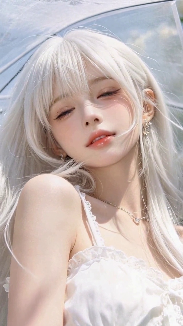 白玫瑰花丛银发清纯美少女