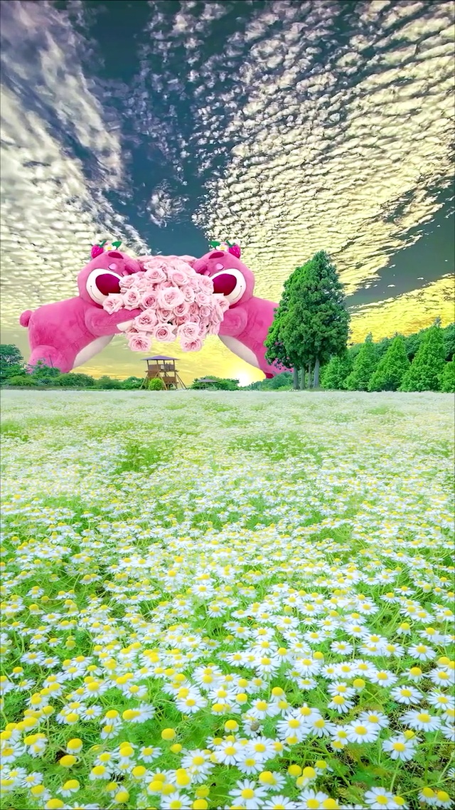 浪漫雏菊花海草莓熊