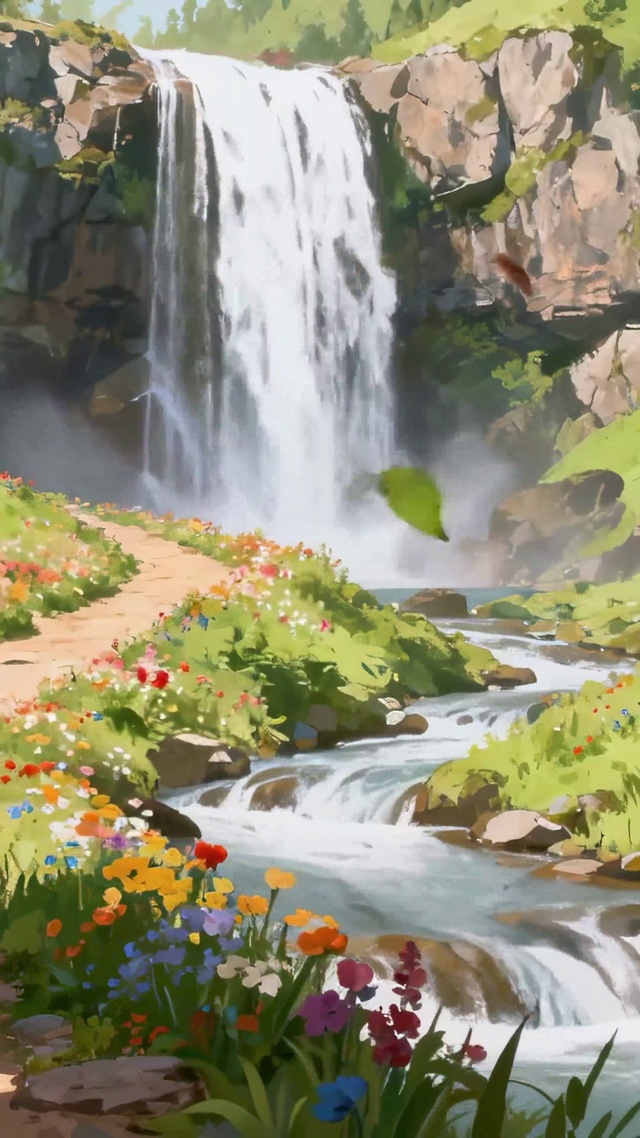 瀑流花径治愈山水田园的繁花交响