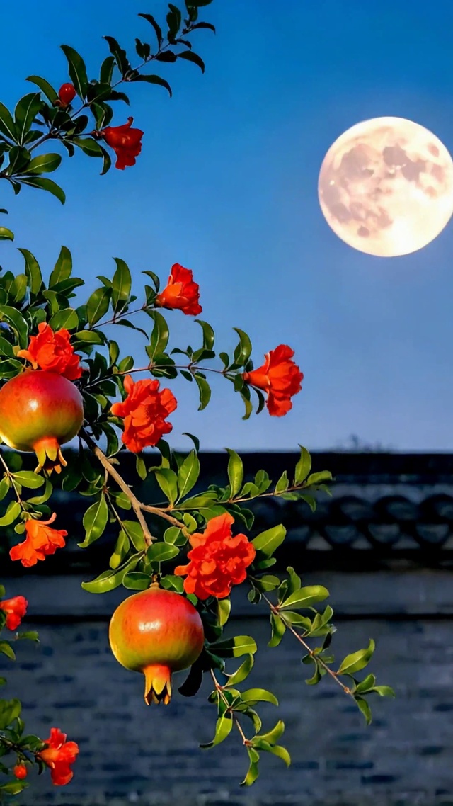 月夜古院石榴树花果同枝