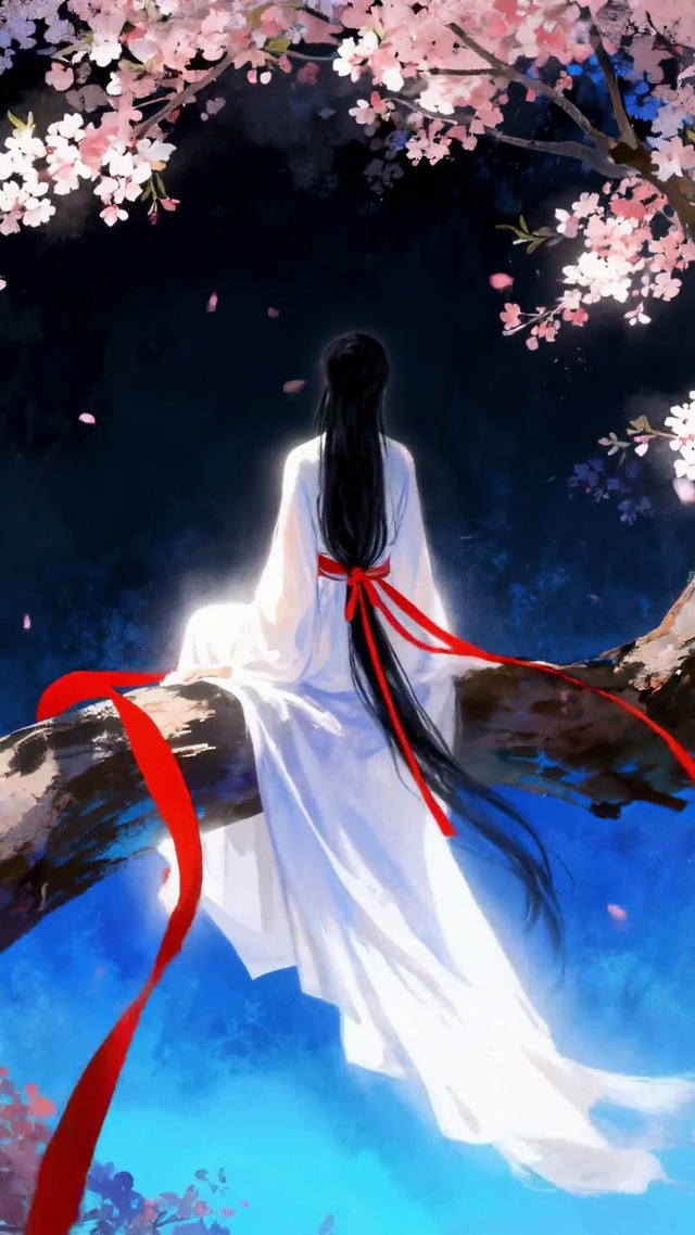 夜樱下的古风白衣美人