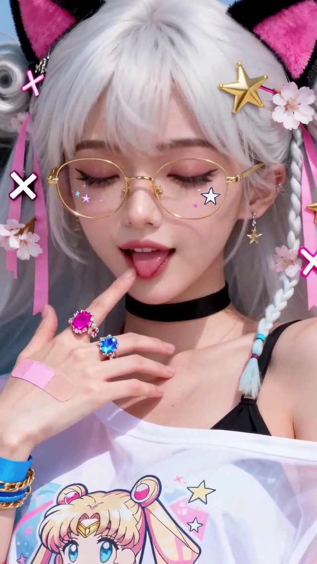 涂鸦墙下的猫耳银发甜酷少女