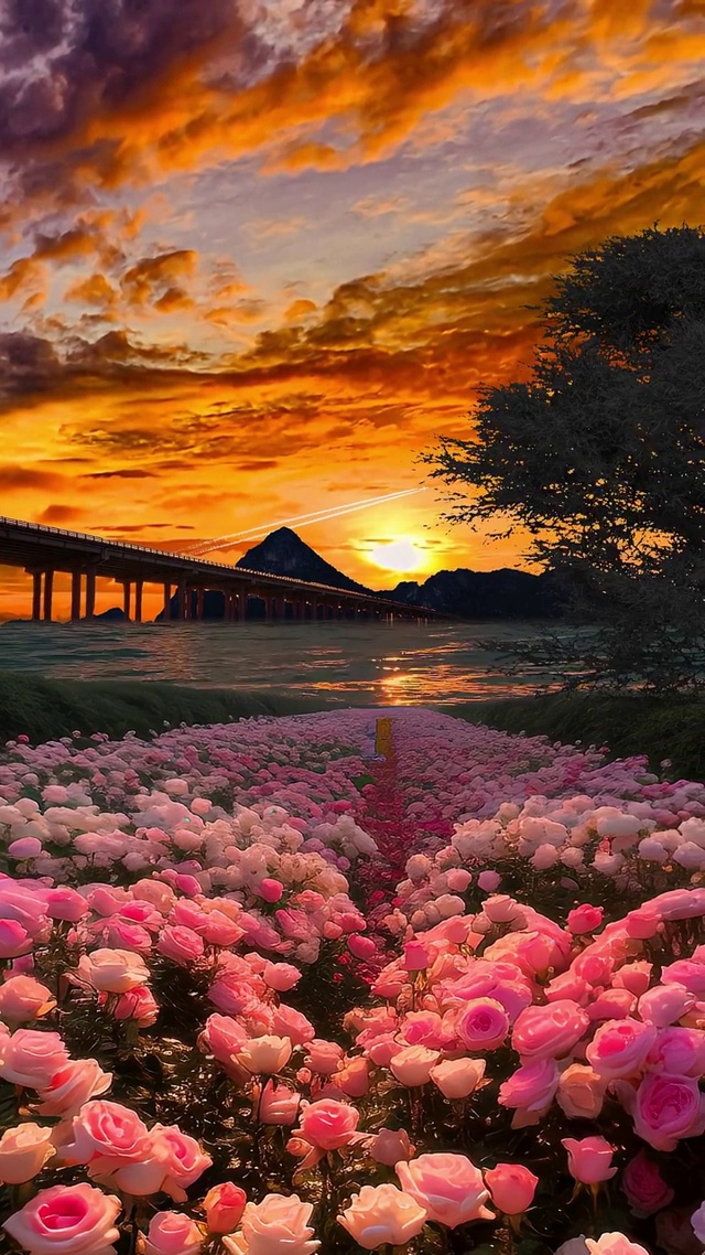 晚霞下的花海