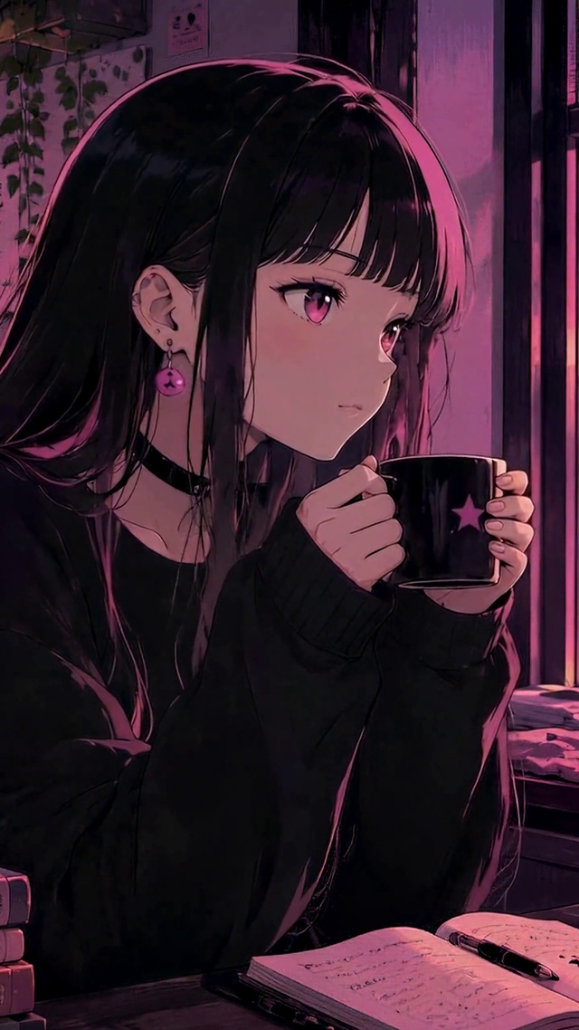 紫暮窗边二次元少女与黑猫