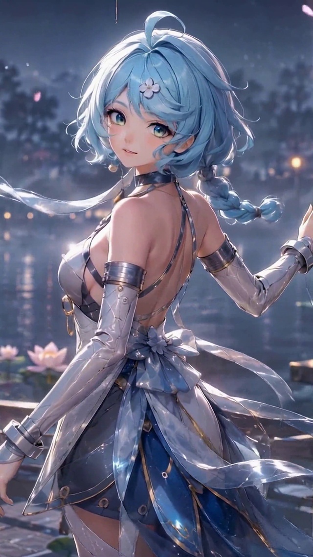 月夜古风庭院蓝发美少女