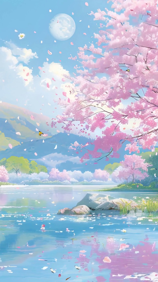 樱花树木河流景色