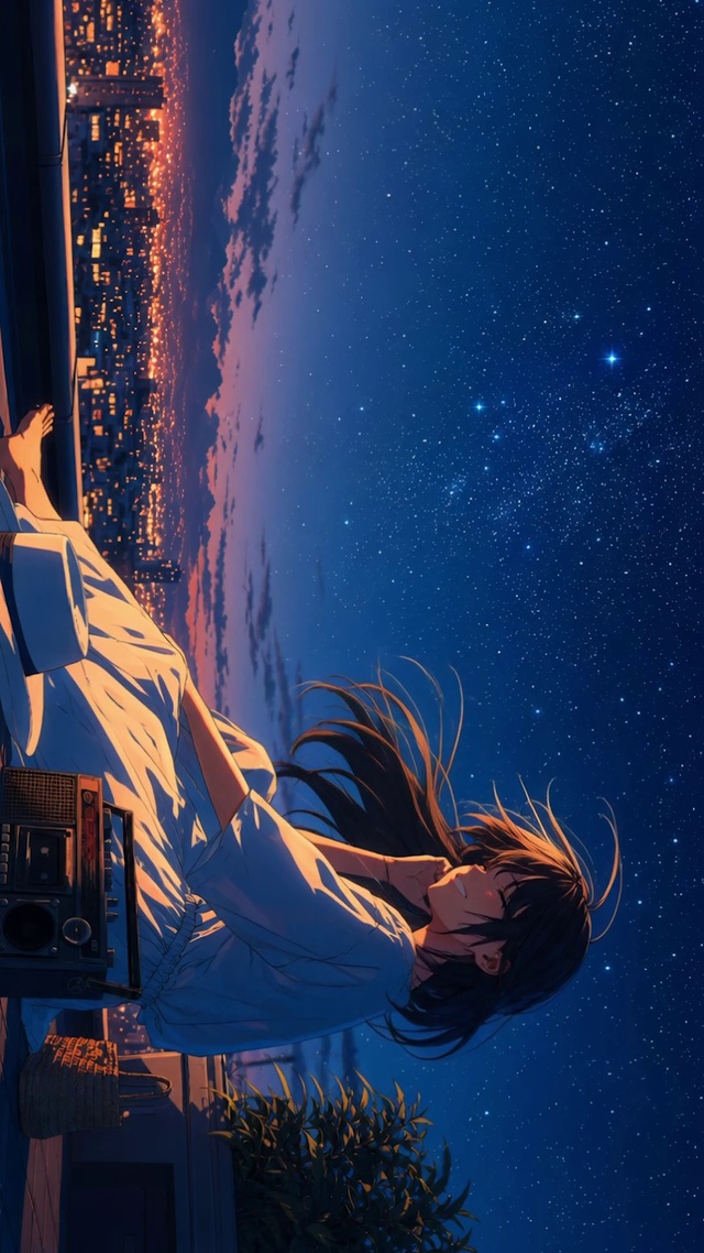 城市夜晚天台少女