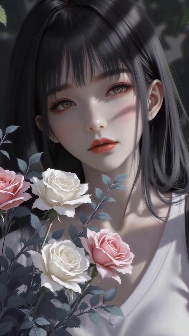 玫瑰丛中的氛围感美少女