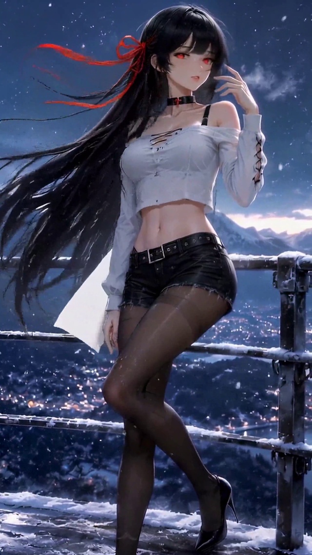 雪夜山景少女