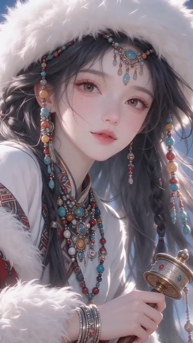 经幡下的藏族女孩