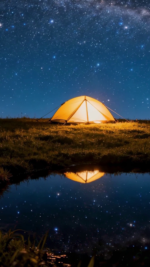星空露营倒影治愈夜景
