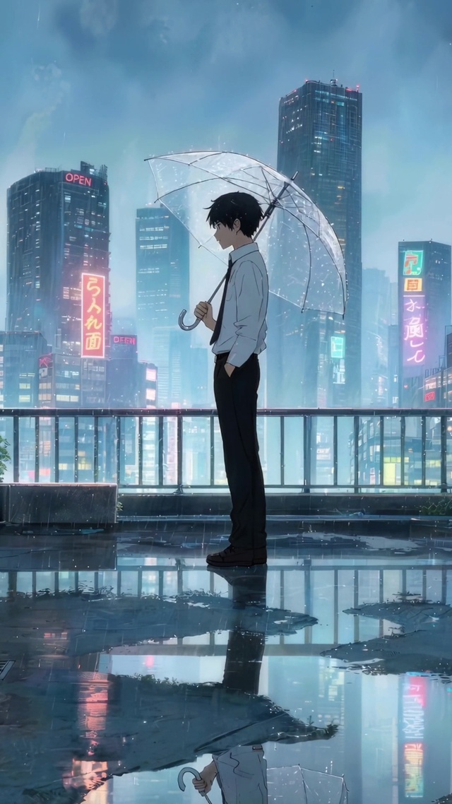 雨中撑伞少年