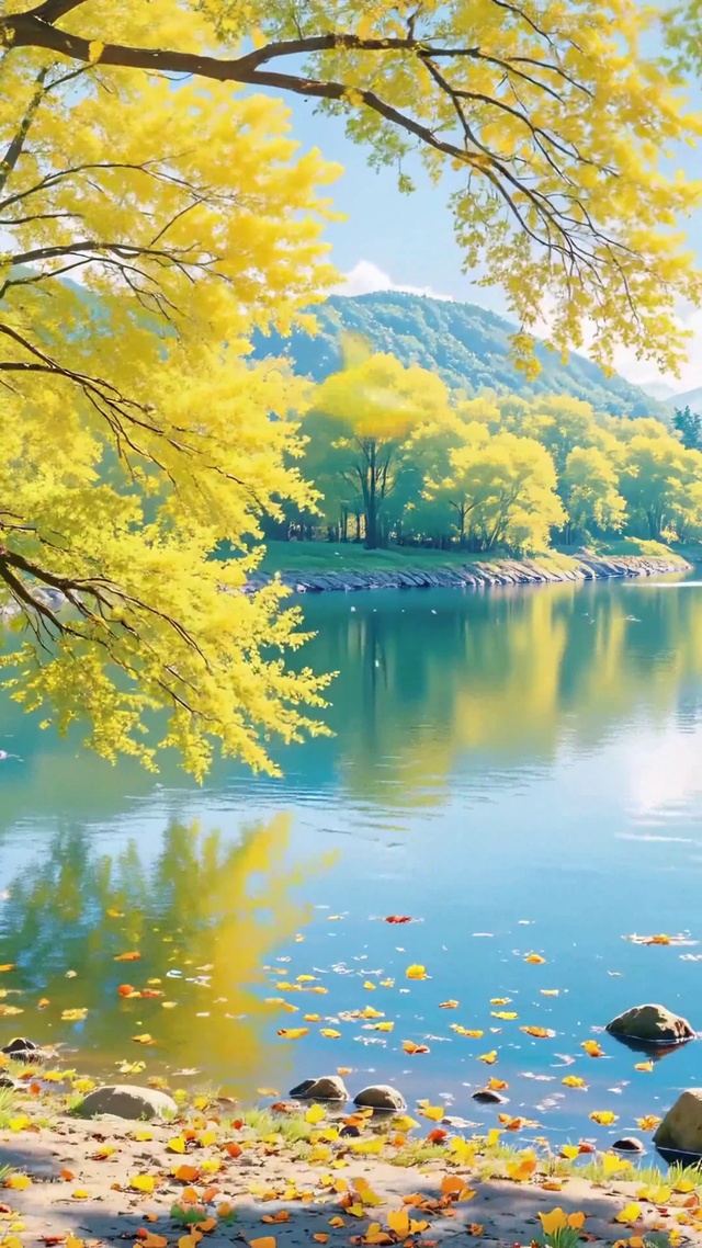 氛围感秋天小清新湖泊落叶