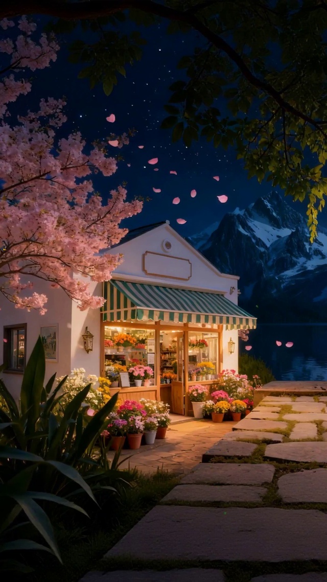 夜景樱花树木河流