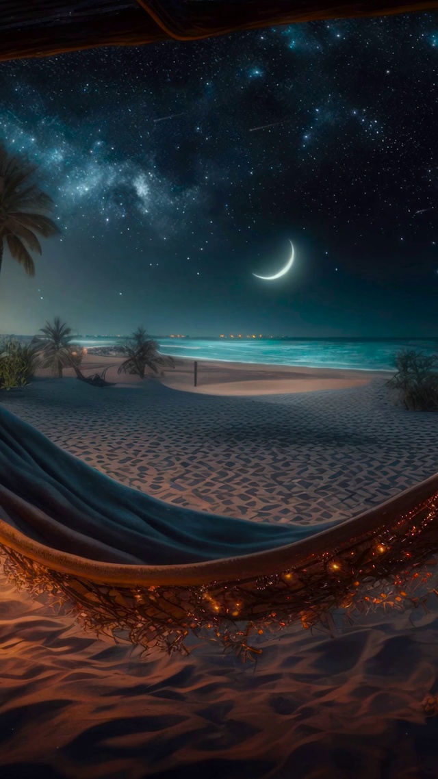 唯美夜晚沙滩海边露营